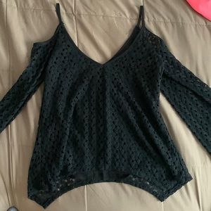 Black eyelet open shoulder double layer top